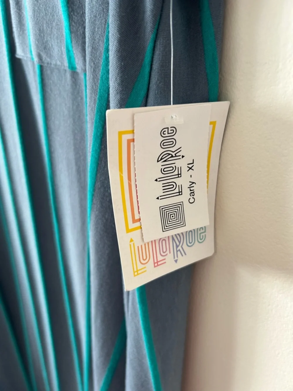 LuLaRoe Carly Gray Maxi Dress with Teal Stripe High-Low Hem - Picture 5 of 6